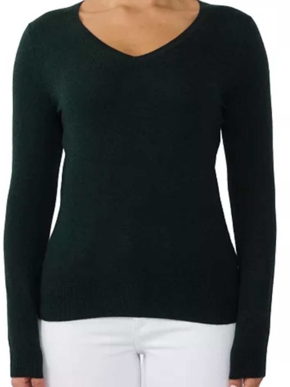 Jennie Liu 100% Pure Cashmere Long Sleeve Pullover VNeck Sweater in Pine, Size M